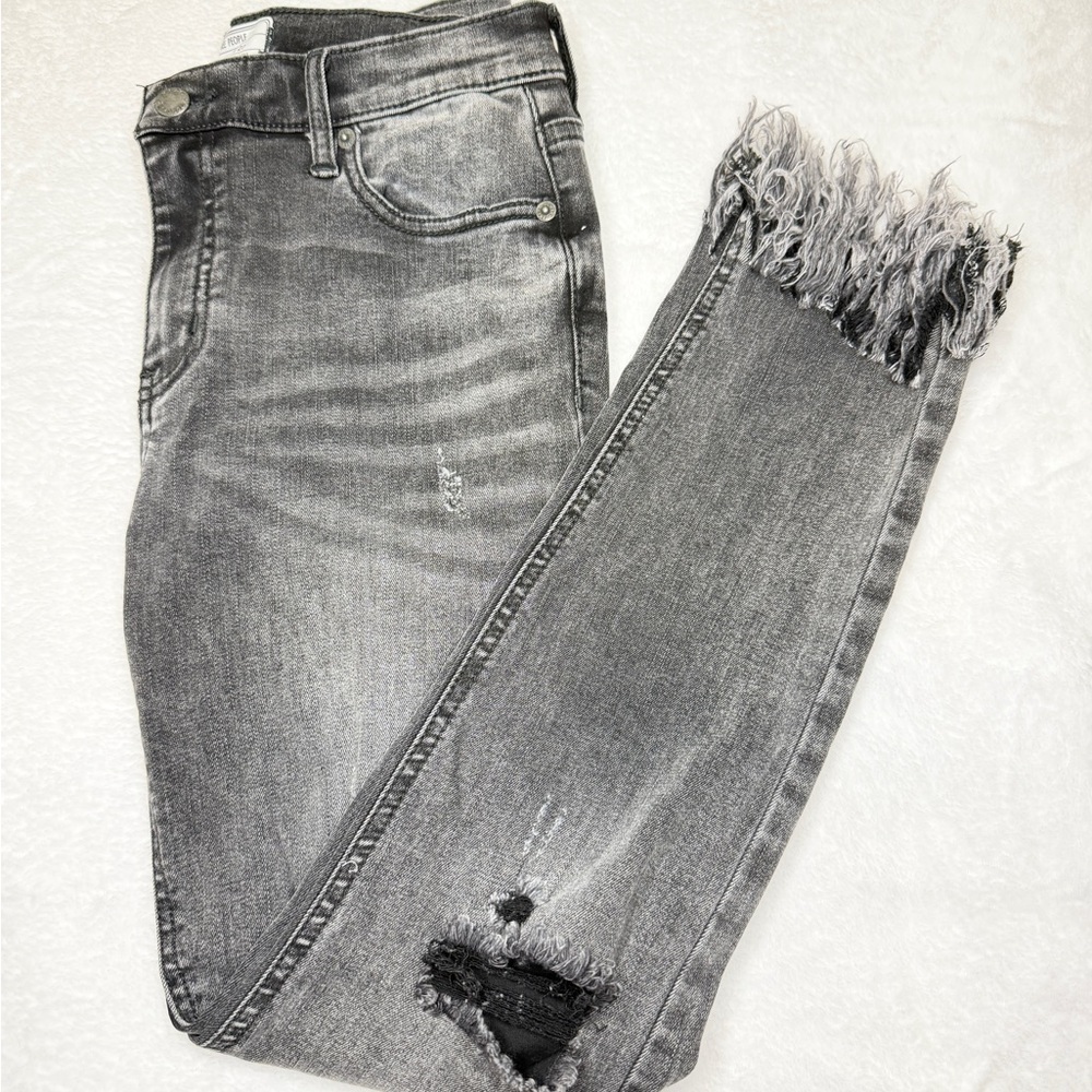 Free People Gray Ankle Cropped Distressed Jeans